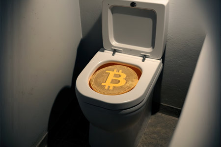Bitcoin coin on the toilet. Cryptocurrency concept. Digital money.の素材