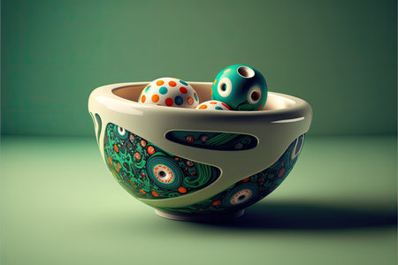 Easter eggs in ceramic bowl on green background. Vector illustration.の素材