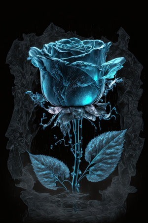 3d illustration of blue rose with water drops on black background.の素材