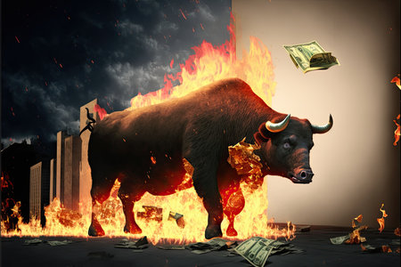 Bull in the fire. Financial crisis concept. 3D illustration.の素材