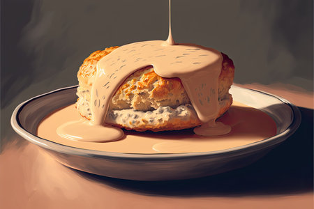 Illustration of a chocolate scone with cream on a plate.の素材