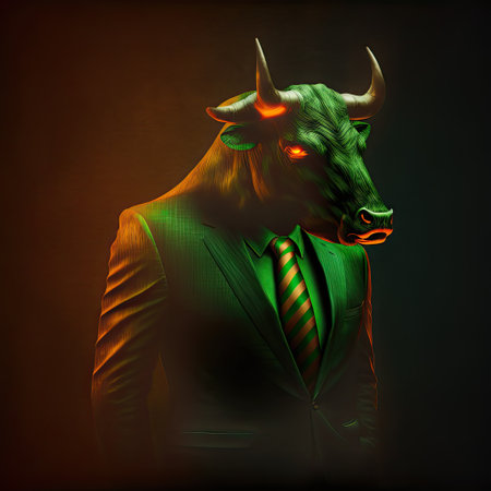 Businessman in a green suit with a bull on a dark backgroundの素材