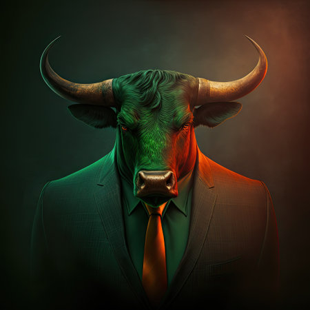 Businessman with bull head on dark background, 3D illustration.の素材