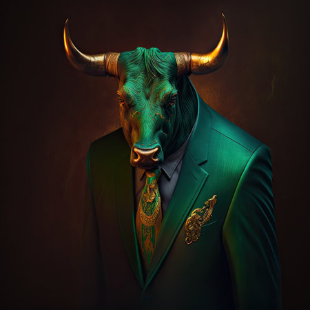 Portrait of a bull dressed in a green suit with a gold tie.の素材