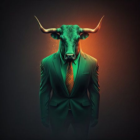 Businessman in a green suit with a bull head concept on a dark backgroundの素材