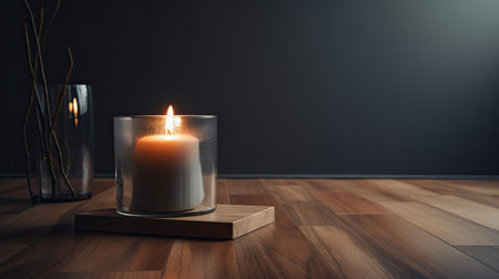 Burning candle on a wooden stand in a dark room with wooden floorの素材