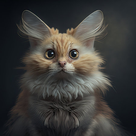Portrait of a Maine Coon kitten on a dark background.の素材