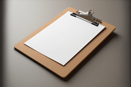 Clipboard with a blank sheet of paper on a gray backgroundの素材