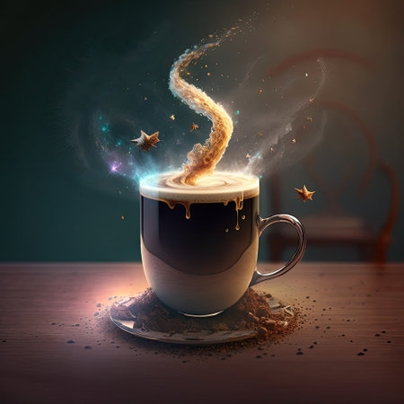 Coffee cup with smoke and flying stars on the dark backgroundの素材