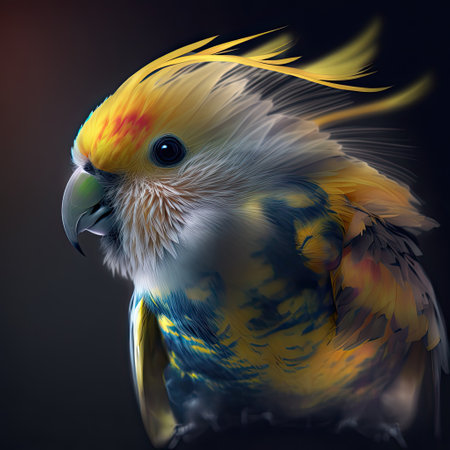 Parrot with yellow feathers on a black background. 3d renderの素材