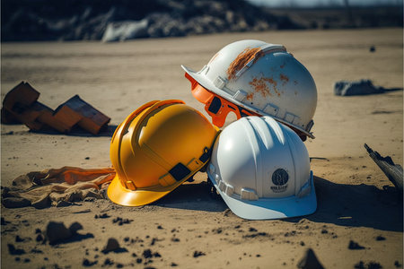 Safety helmet and hard hat on the sand of a construction site.の素材