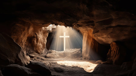 Cross in the cave. 3D rendering. Computer digital image.の素材
