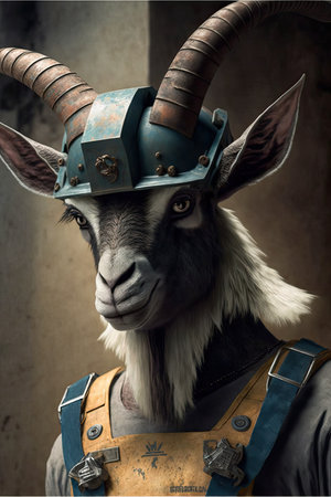 Portrait of a goat with a helmet and a shield. Vintage style.の素材