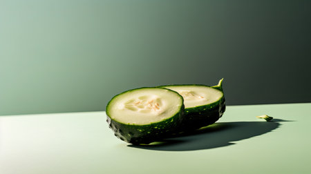 Cucumber cut in half on a green background with a shadowの素材