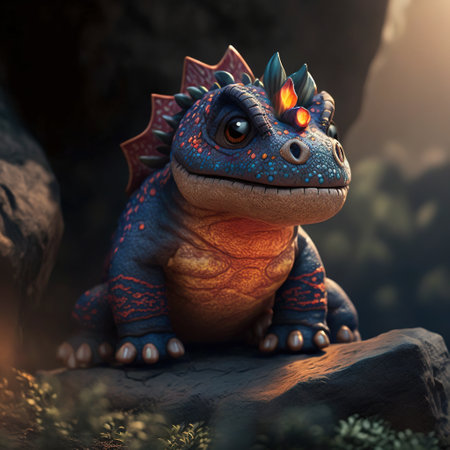 3D render of a fantasy dragon sitting on a rock in the forestの素材