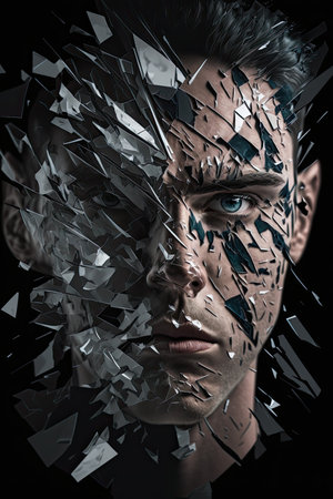 Portrait of a futuristic man with broken glass on his face.の素材