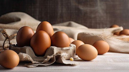 Eggs on a wooden background. Fresh chicken eggs. Rustic style.の素材