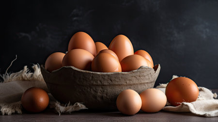 Chicken eggs in a bowl on a wooden table. Dark background.の素材