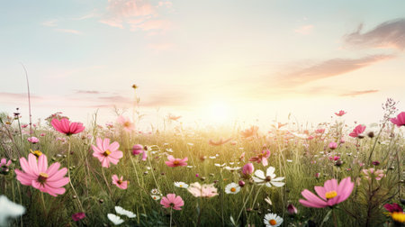 Beautiful cosmos flower field at sunset. Nature background. Vintage style.の素材