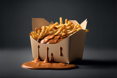 French fries with melted chocolate in paper box on dark background. 3d renderingの素材