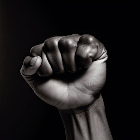 Fist of a man in a fist position on a black backgroundの素材