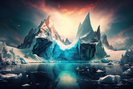 Fantasy landscape with icebergs in the ocean. 3d renderingの素材