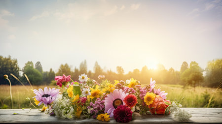 Bouquet of colorful flowers on a wooden table in the fieldの素材