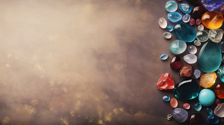 Colorful stones on grunge background. Top view with copy spaceの素材