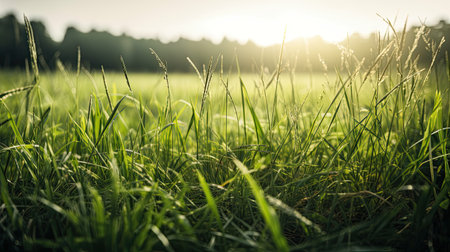 Green grass in the field at sunset. Shallow depth of field.の素材