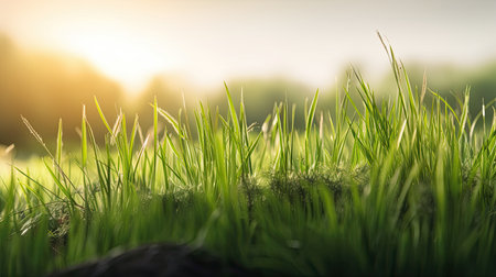 Close up of fresh green grass with sunlight in the morning. Nature backgroundの素材