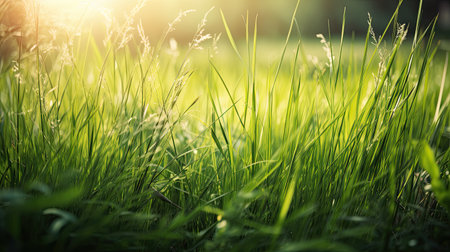 Green grass background in sunny day. Close-up image of fresh grass.の素材