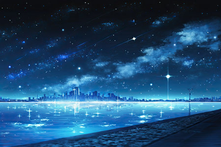 City at night with stars and lights above the water. Collageの素材