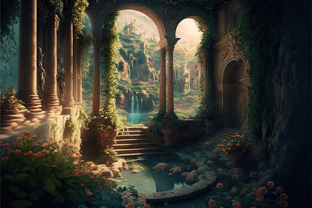 Fantasy landscape with a fountain in the garden. 3d renderingの素材