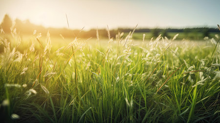 Green grass in the meadow at sunset or sunrise. Nature backgroundの素材