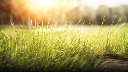 Close-up of green grass with blurred background. Nature background.の素材
