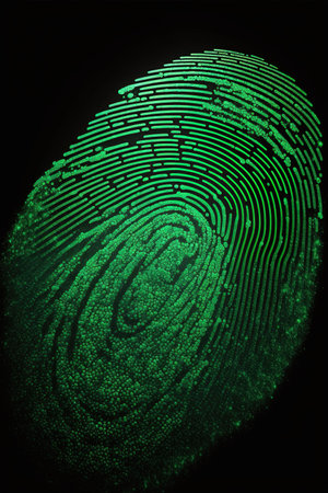 Green fingerprint on a black background. Biometric identification. Vector illustration.の素材