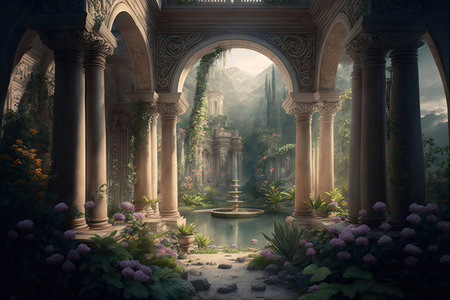 Beautiful fantasy garden with a fountain in the middle of it.の素材