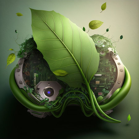 Ecology and environment concept. 3D illustration of a green planet with a green leaf insideの素材