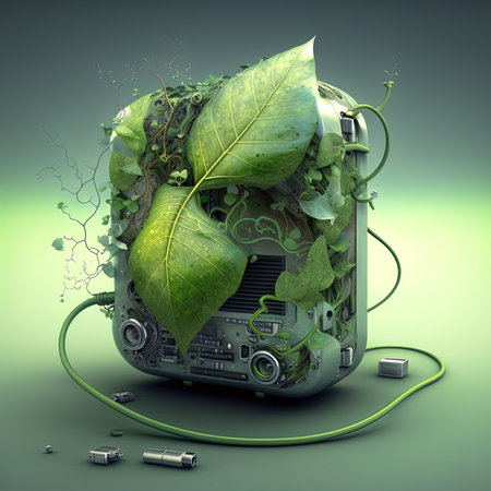 Ecology concept. Old radio with green leaves. 3d renderの素材