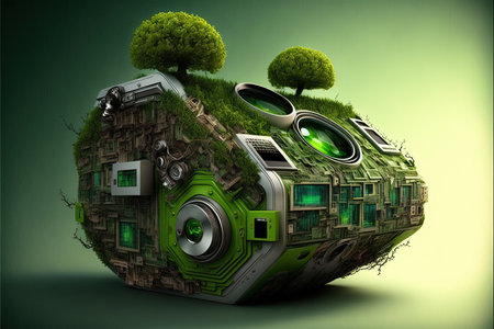 Green eco house made of electronic components with trees and plants. 3D renderingの素材