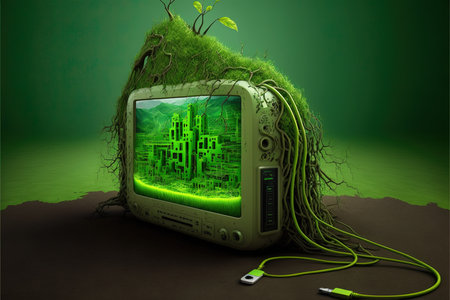 Conceptual image of a green environment with an old TV connected to a cableの素材
