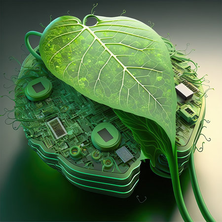 Conceptual green eco technology background with circuit board and leaf.の素材
