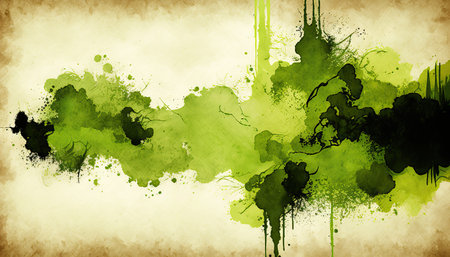 Abstract green watercolor background with grunge brush strokes and splashesの素材