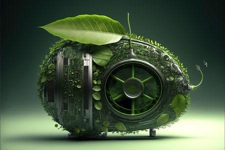 3d rendering of green eco car with leaves in the shape of a planetの素材