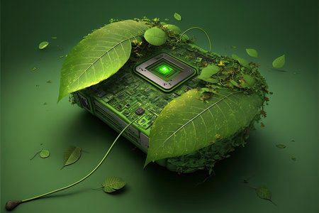 Conceptual image of green earth with green microchip and leavesの素材