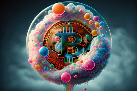 Bitcoin in a bubble. Cryptocurrency concept. 3D illustrationの素材