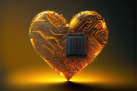 3d rendering of a heart with a processor on a dark backgroundの素材