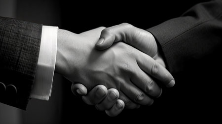 Handshake of business people. Black and white photo. Close up.の素材