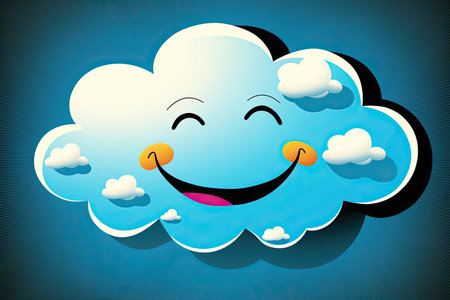 Happy cloud with smiley face on blue background. Vector illustration.の素材