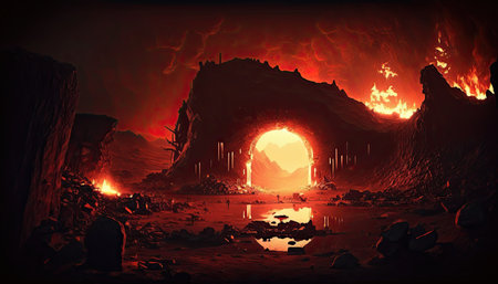 Fantasy landscape with fire in the cave. 3D illustration.の素材